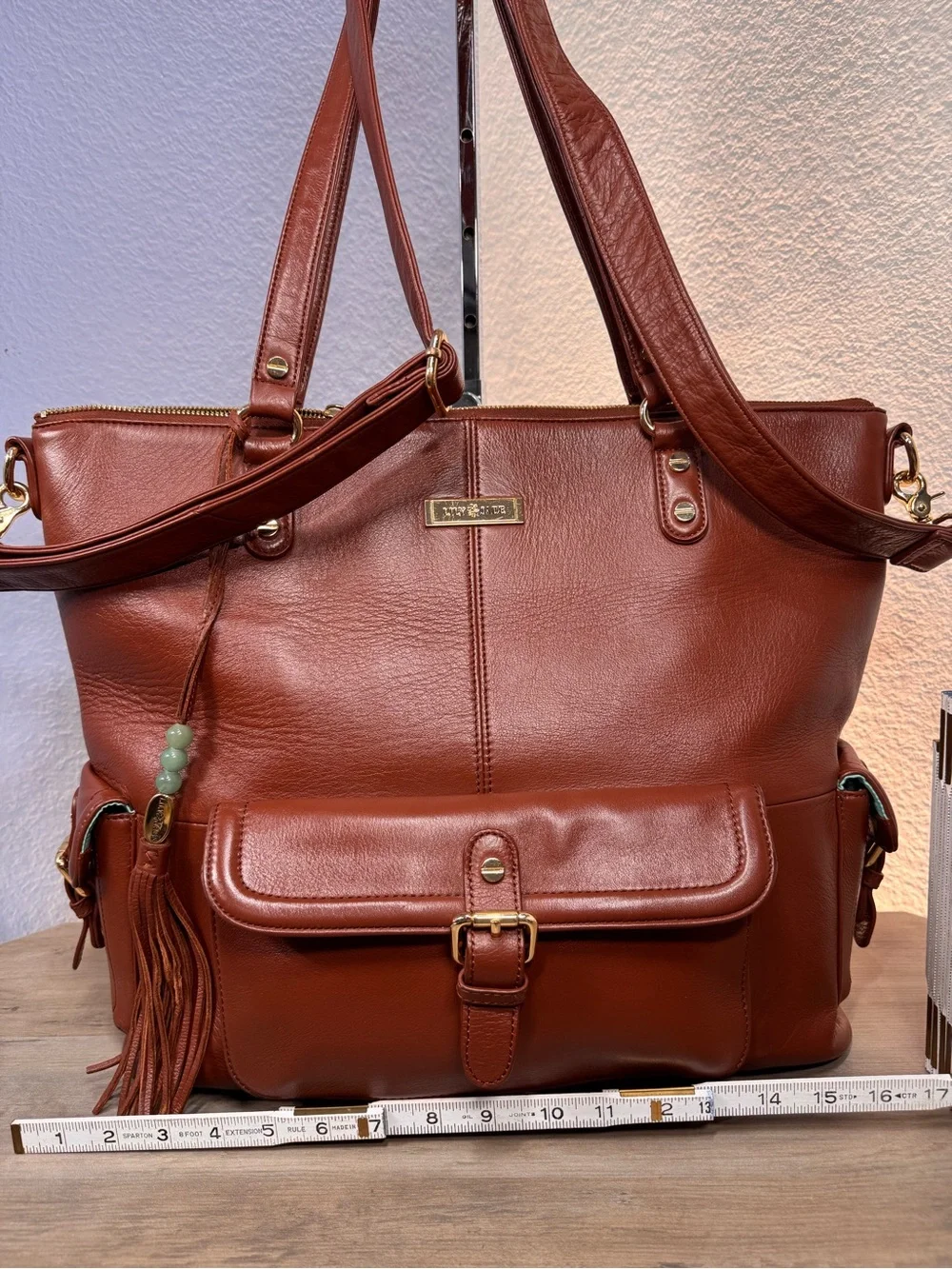 Lily Jade Madeline Full Grain Leather Convertible Tote Backpack Brandy Brown